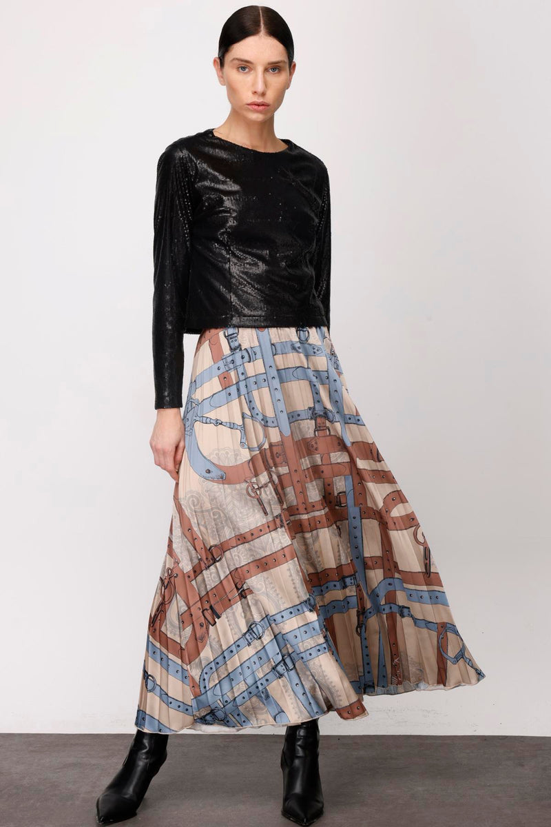 N&T Belt Printed Pleated Skirt Beige