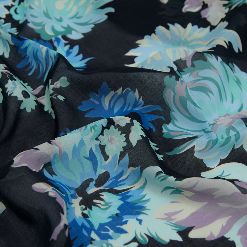 Ipekevi 01415 Black Turquoise Chrysanthemum Print Cotton Scarf