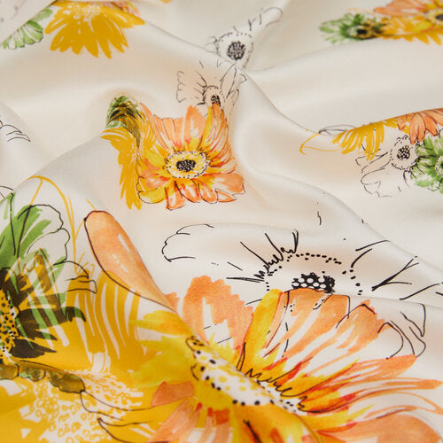 Ipekevi 01271 White Yellow Single Bloom Twill Silk Scarf