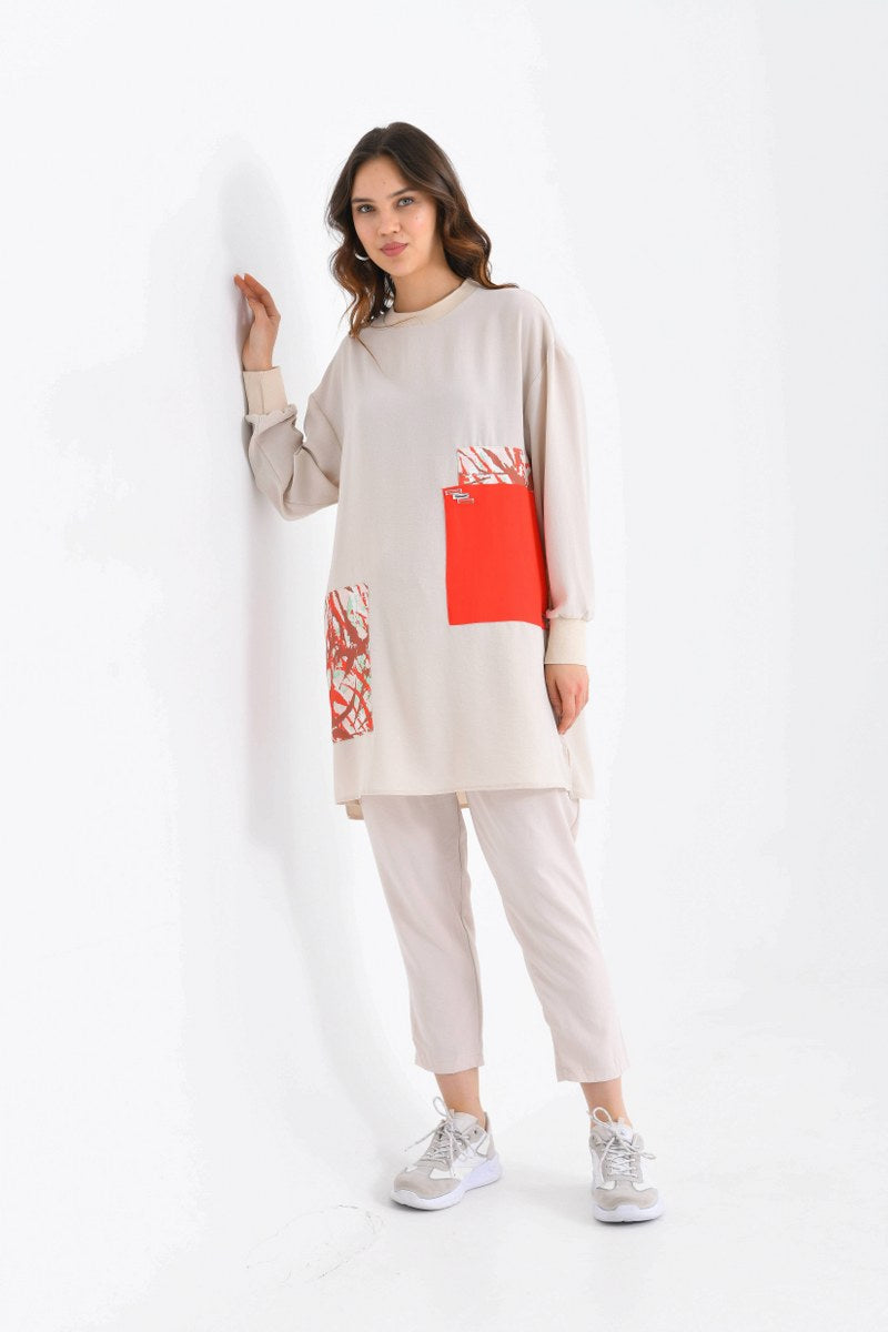 PUAN Ruby Tunic Beige&Light Red