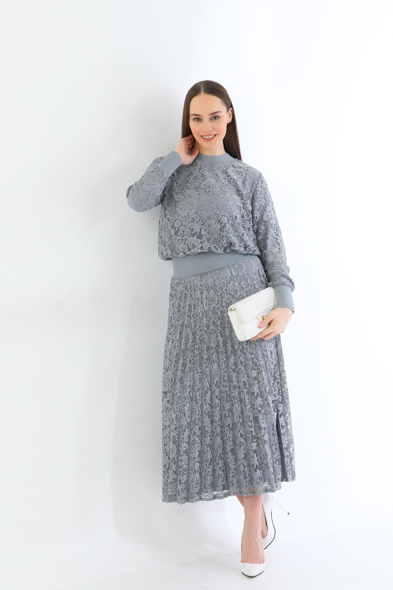 Invee Lace 2 Piece Skirt Set Gray