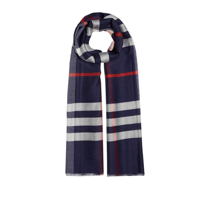 Ipekevi 7025 Navy Blue Plaid Wool Silk Shawl