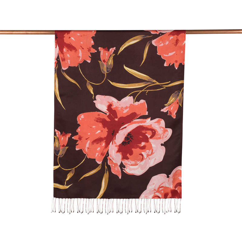 Ipekevi 06422 Brown Wild Rose Print Silk Shawl