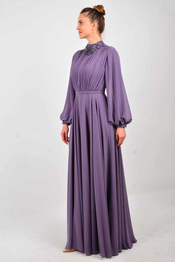 N&C Beaded Collar Detailed Gown / Purple - Moda Natty