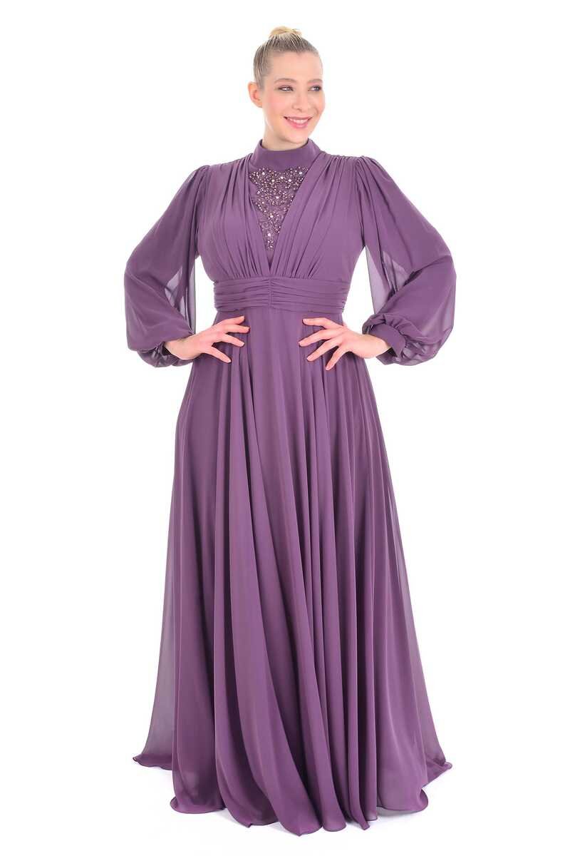 SRN 4172 Beaded&Drape Detailed Gown Purple - Moda Natty