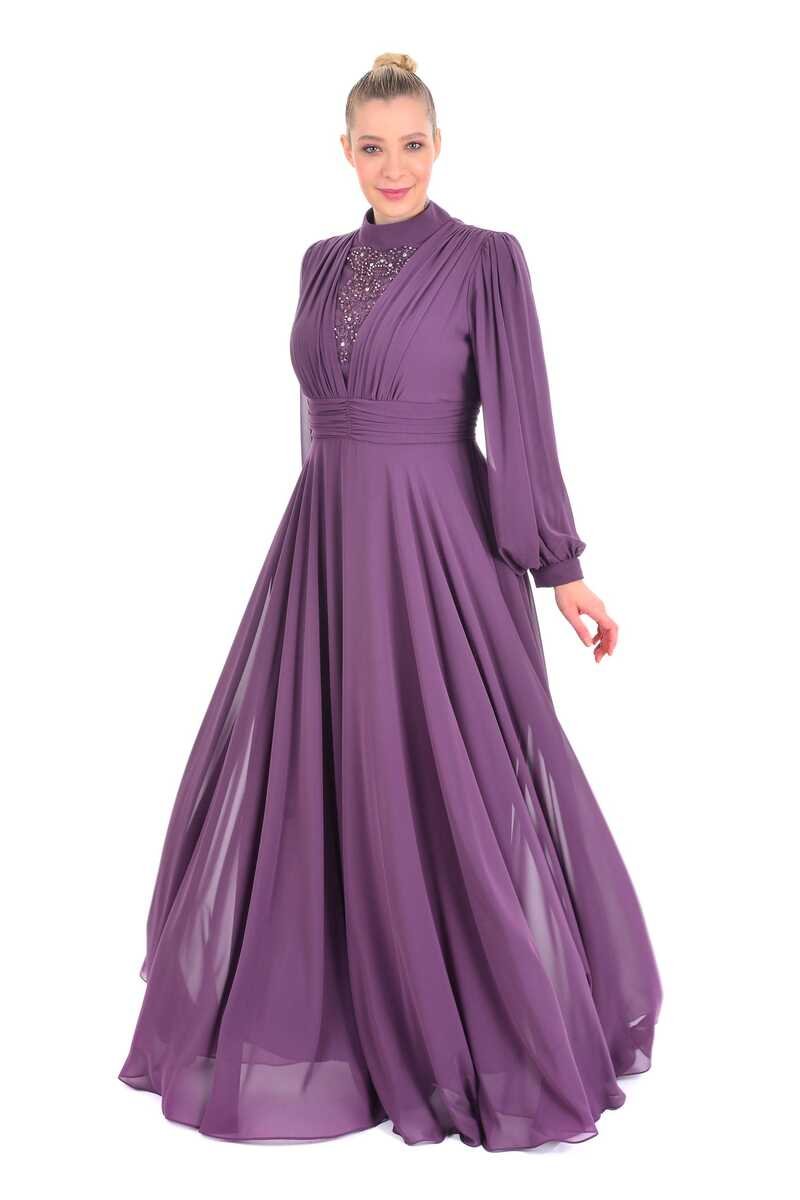 SRN 4172 Beaded&Drape Detailed Gown Purple - Moda Natty